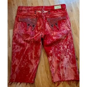 Robins Jean Red Jorts Studded Double Flap Pockets Brnsnake Motor 42 Red Acid